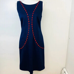 Leslie Evers Dress Small  Knit Blue Red Embroidery Exposed Zipper Knee Length